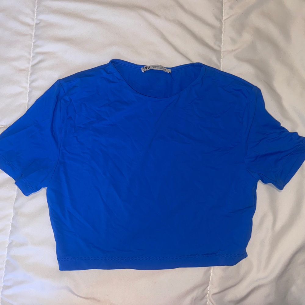 Zara Blue Fitted Crop T-Shirt Short Sleeve